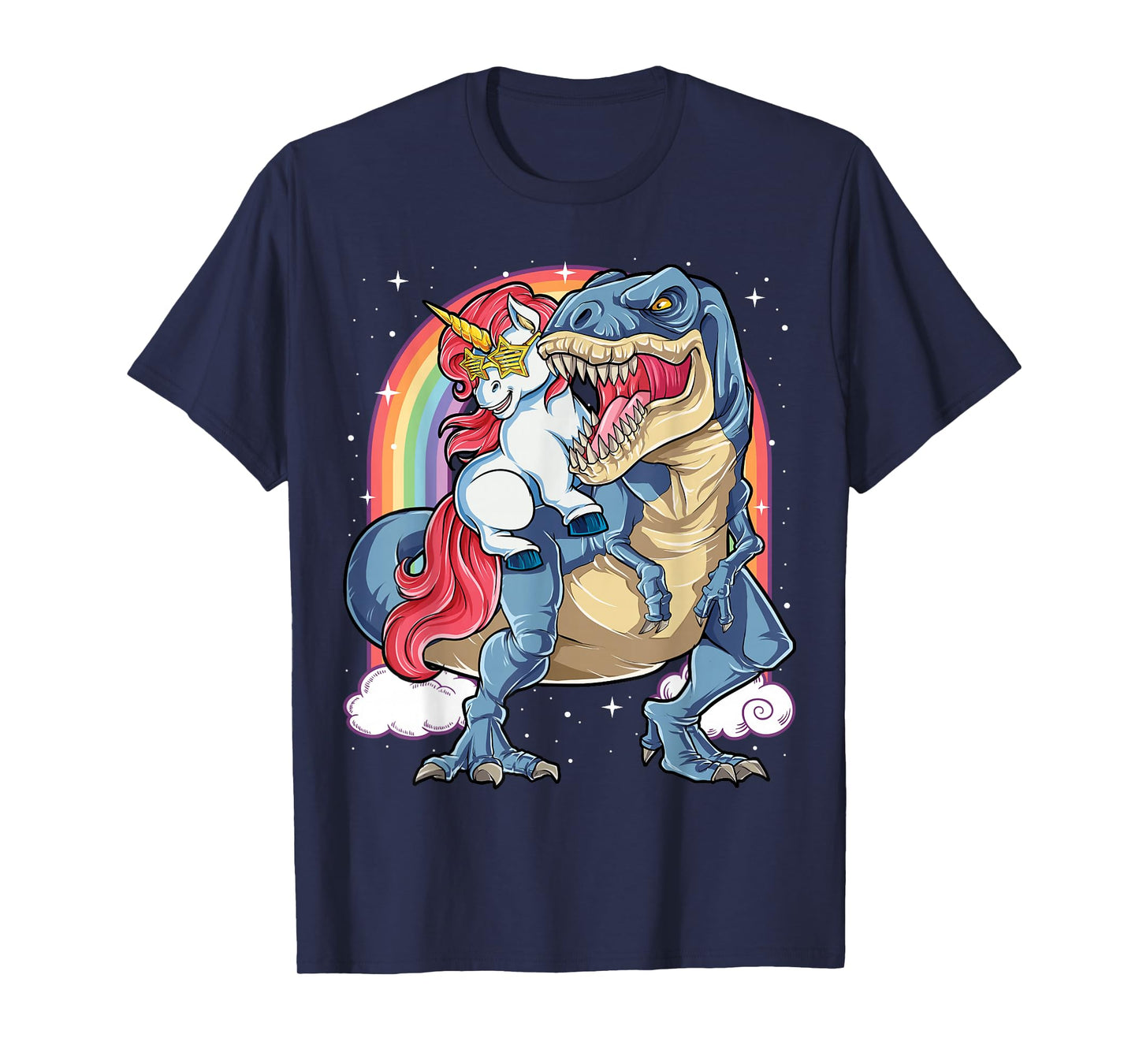 Unicorn Riding T rex Dinosaur Boys Girls Men Women Rainbow T-Shirt