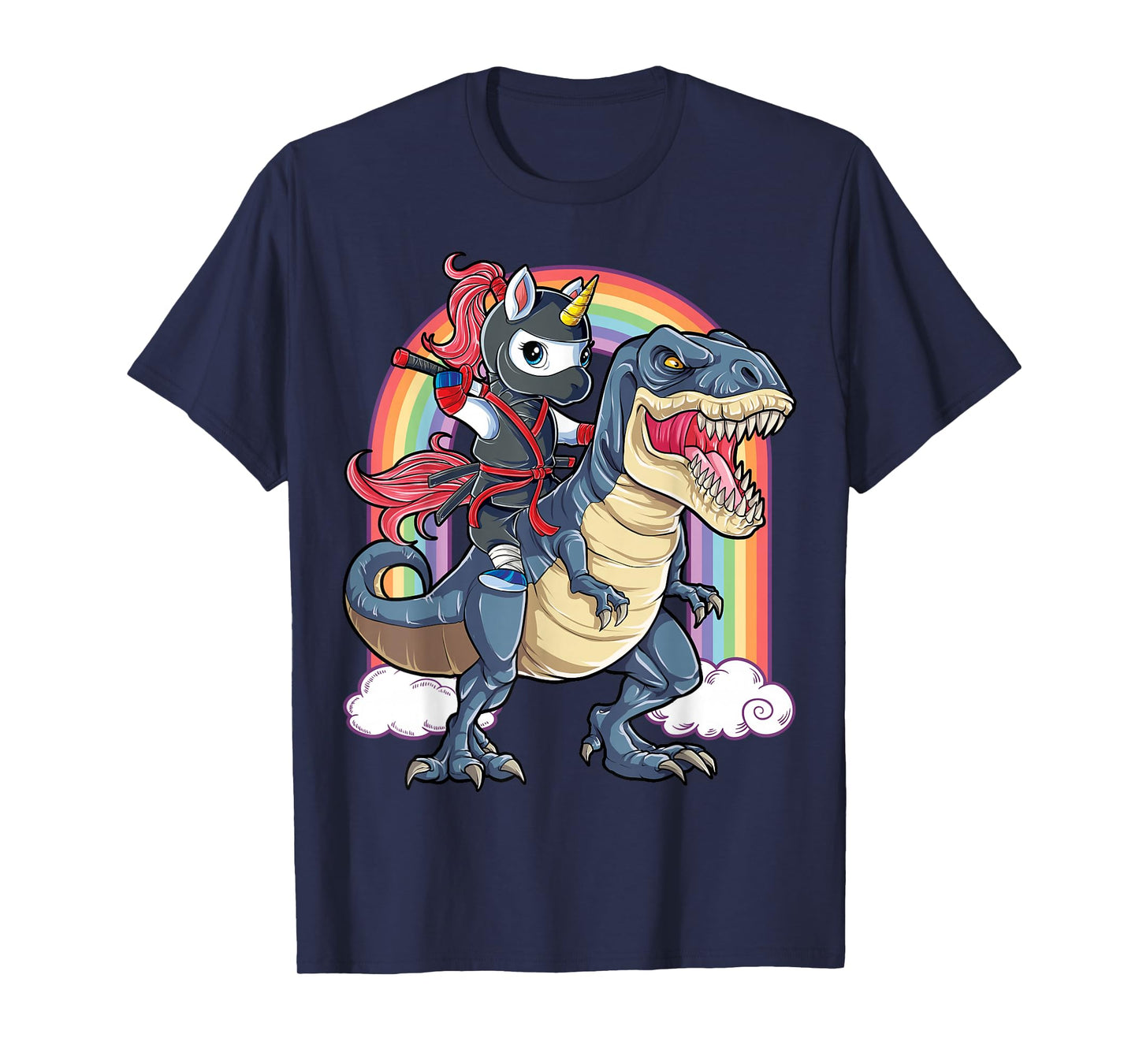 Ninja Unicorn Riding Dinosaur T Rex Funny Men Women Rainbow T-Shirt Small