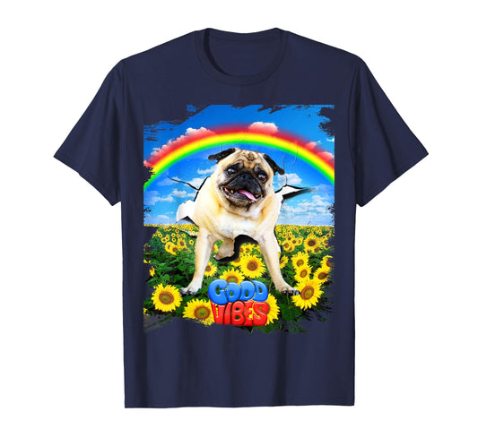Pug Dog Cracked Wall Good Positive Vibes Rainbow Funny Men Women Kids T-Shirt