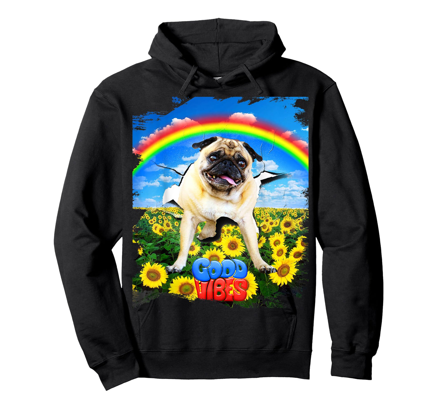 Pug Dog Cracked Wall Good Positive Vibes Rainbow Funny Men Women Kids T-Shirt