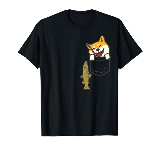 Pocket Shiba Inu Dog Fishing Cute Japanese Fisherman Gift T-Shirt