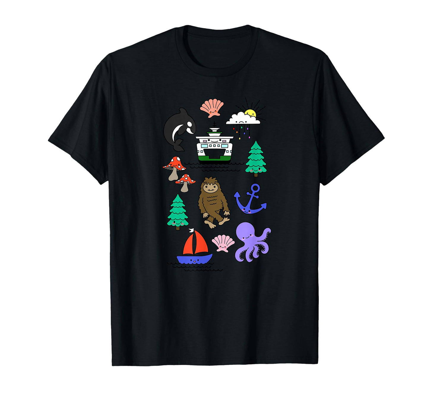 Pacific Northwest Kawaii Sasquatch Ferry Boat Doodle Sketch T-Shirt