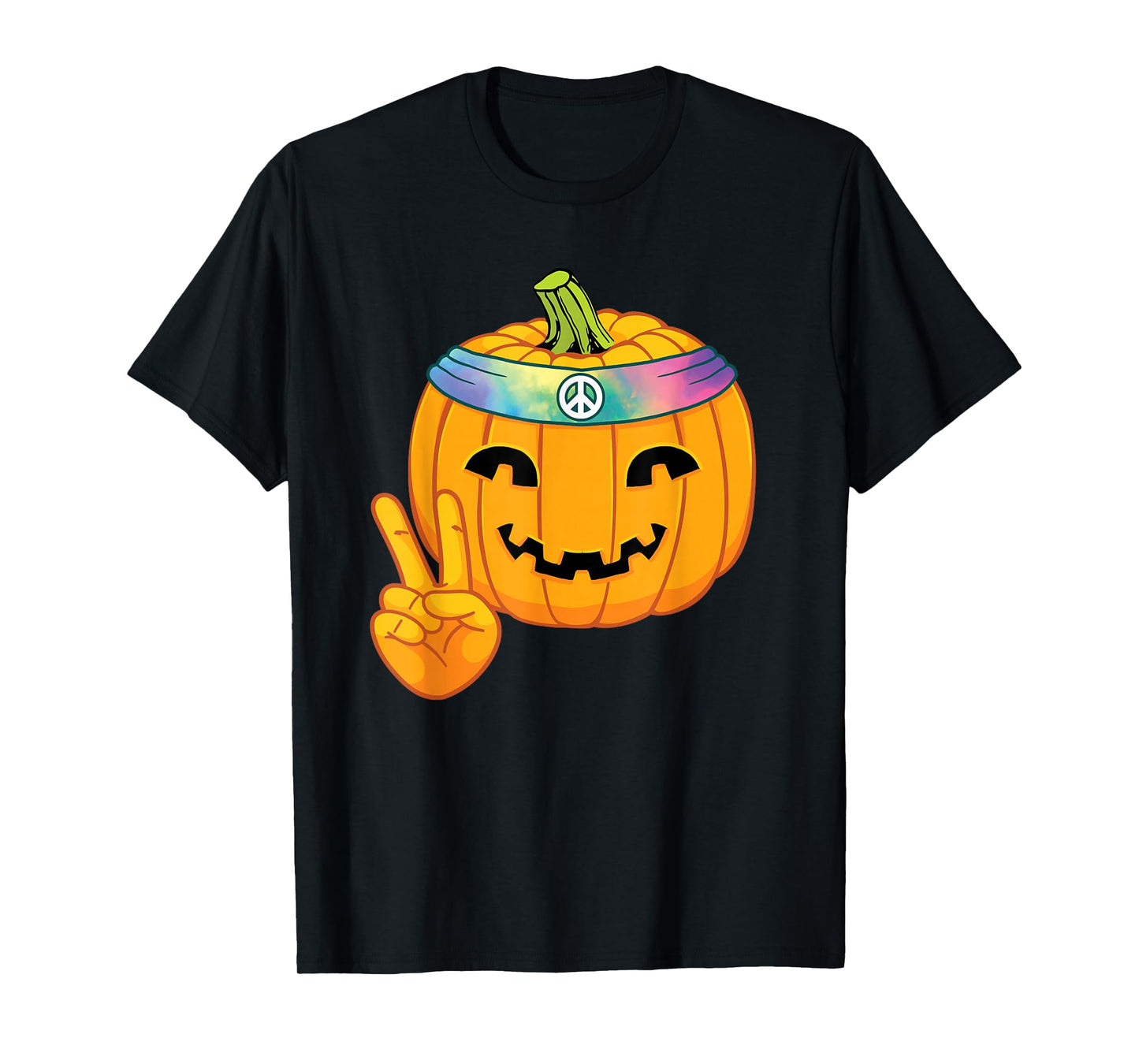 Hippie Halloween Pumpkin Peace Sign Hand Headband Tie Dye T-Shirt
