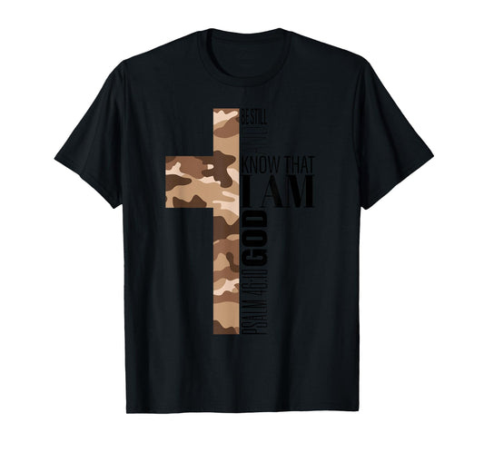 Be Still And Know God Christian Bible Verse Brown Camo Cross T-Shirt