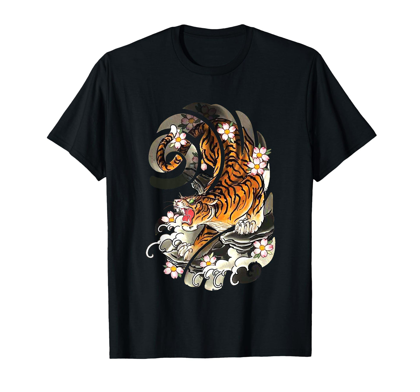 Vintage Japanese Tiger Traditional Asian Cherry Blossom Art T-Shirt Small
