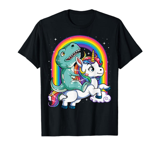 Dinosaur Riding Unicorn Funny T-rex Boys Men Rainbow Galaxy T-Shirt