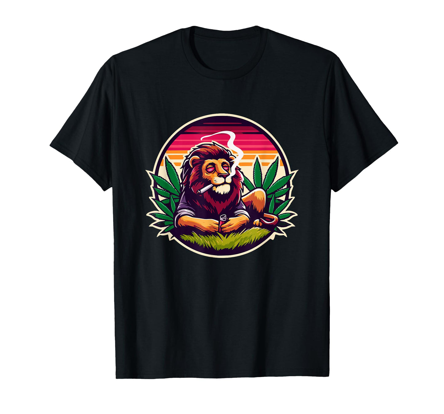Roaring Lion Amidst Cannabis Leaves Emblem T-Shirt