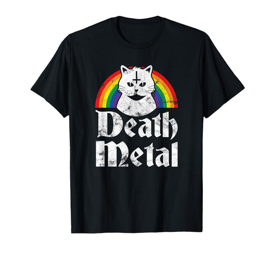 Death Metal Satanic Cat Rainbow Rock Goth Concert T-Shirt