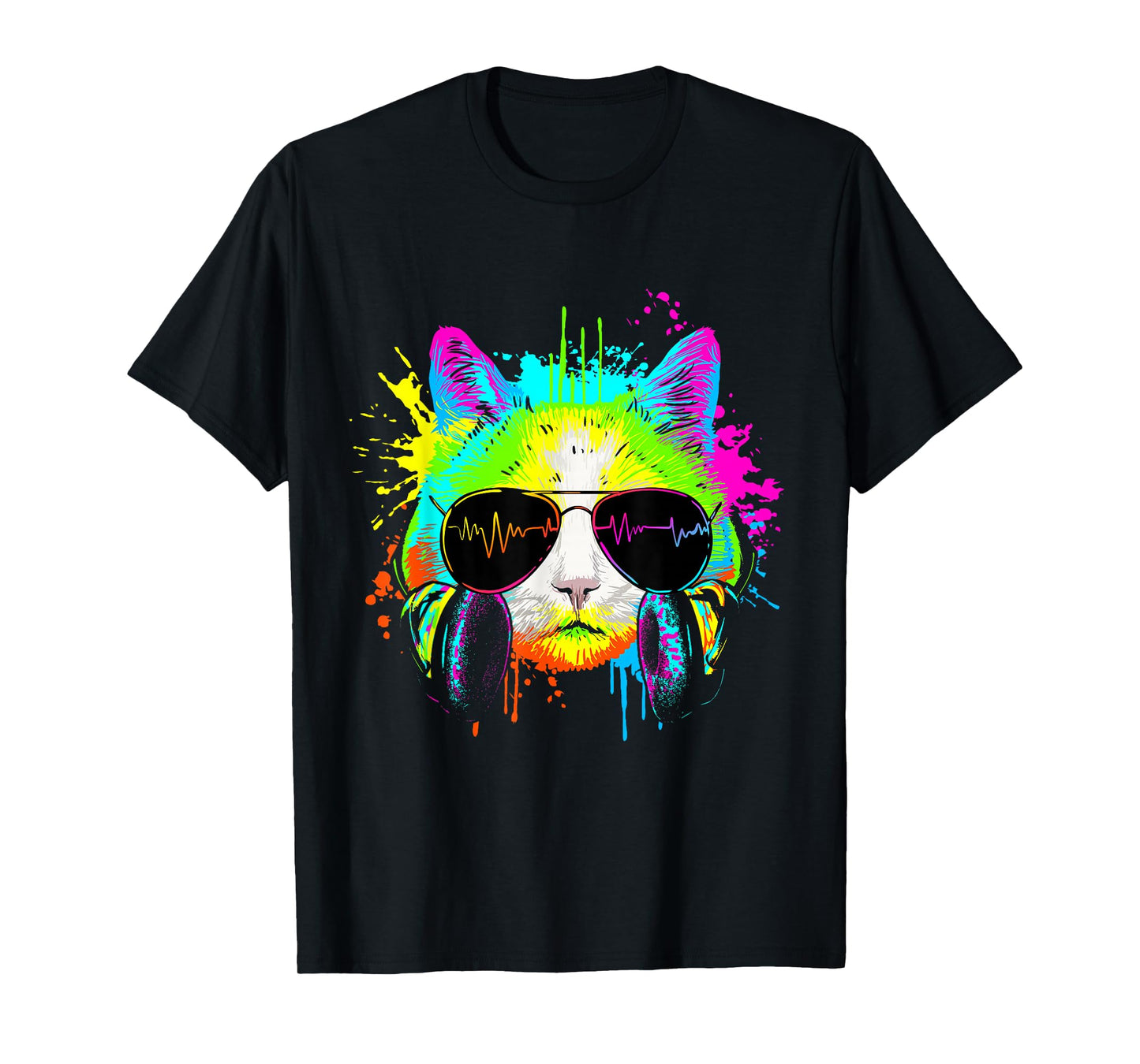Funny Kitten Colourful Rainbow Rave Music DJ Cat T-Shirt