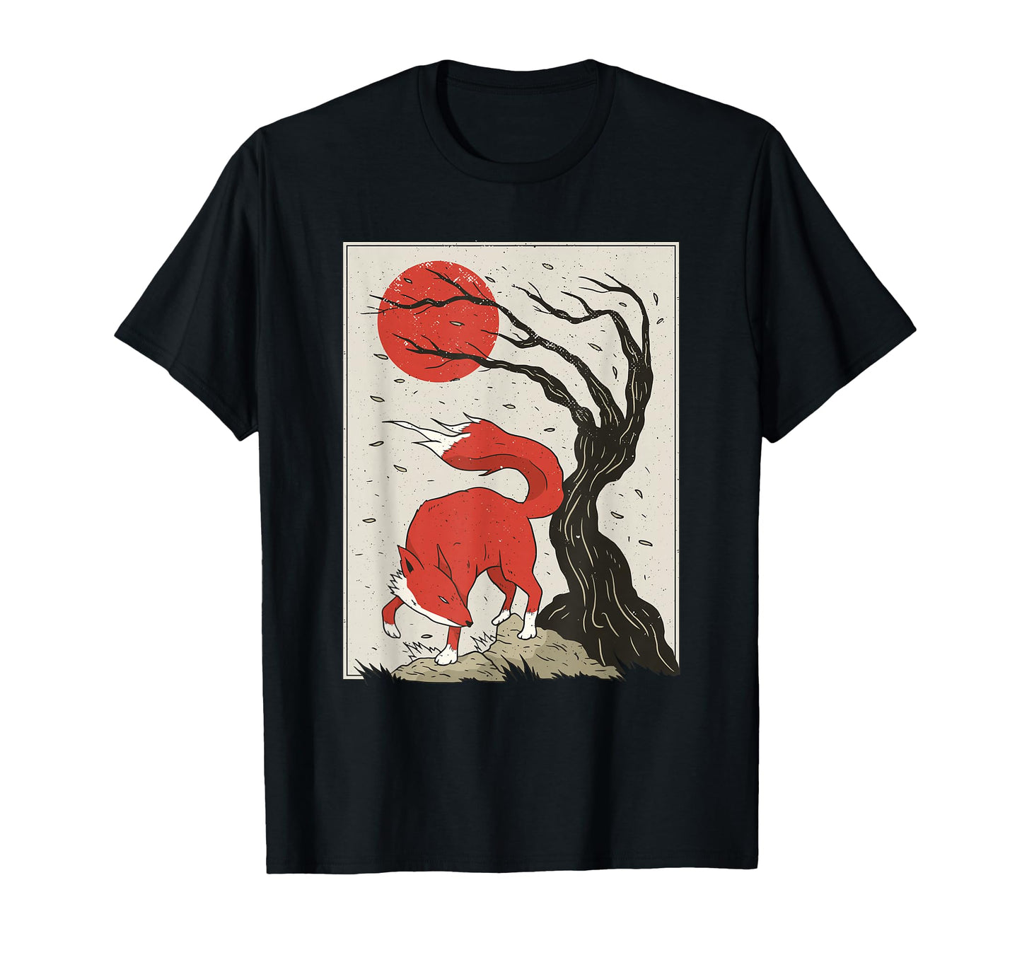 Japanese Style Painting Of The Fox, Tree And Sun T-Shirt