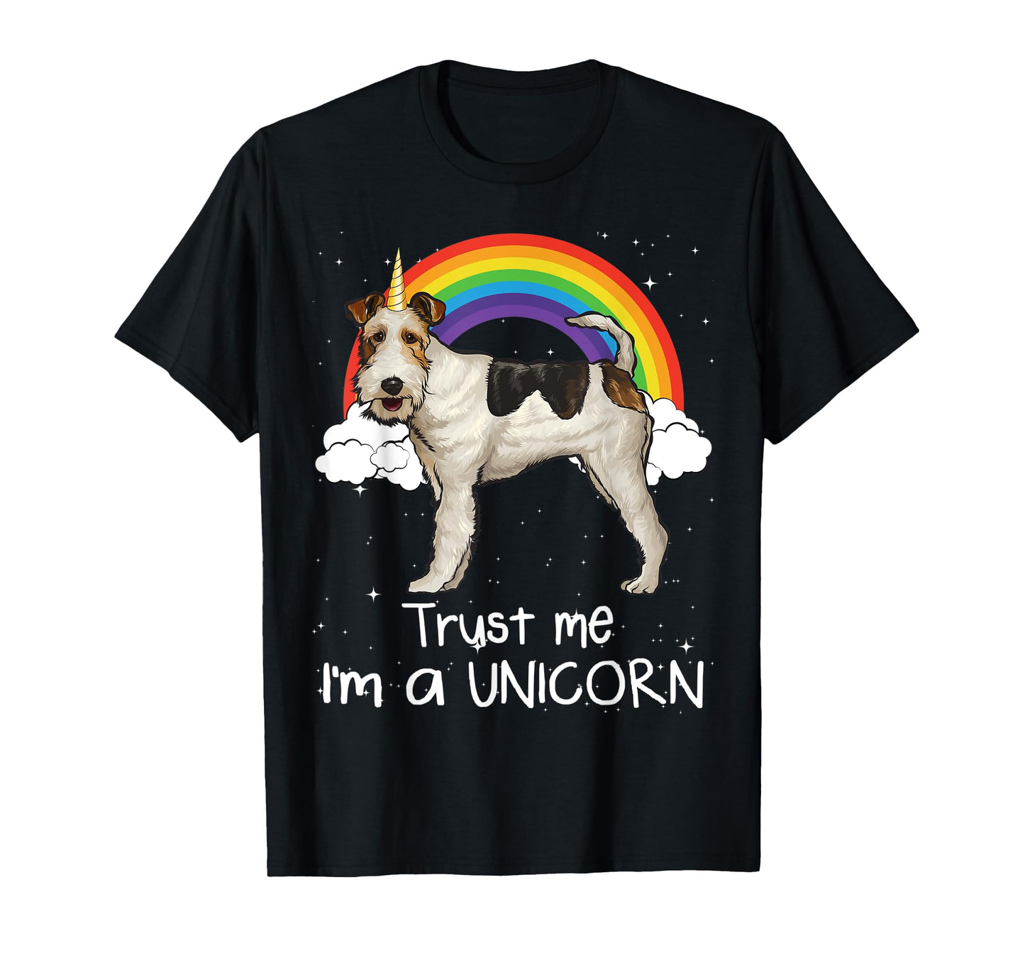 Rainbow Wire Fox Terrier Trust Me I'm A Unicorn Dog T-Shirt for Men Women Kids