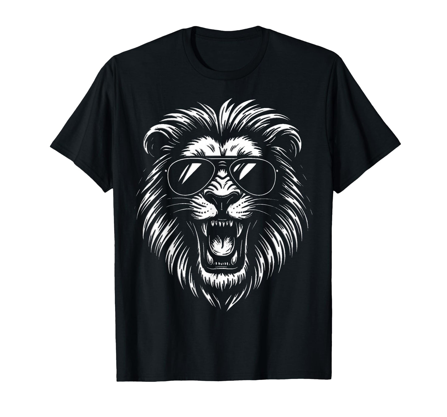 Roaring Lion with Sunglasses Bold Black and White Artwork T-Shirt