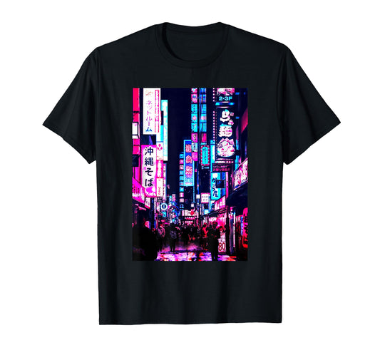 Streets of Tokyo Japan Night Scene with Lights - Vaporwave T-Shirt