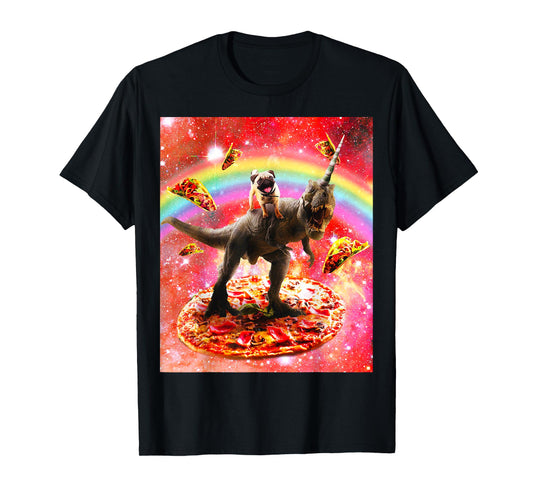 Space Pug Riding Dinosaur Unicorn - Pizza & Taco T-Shirt