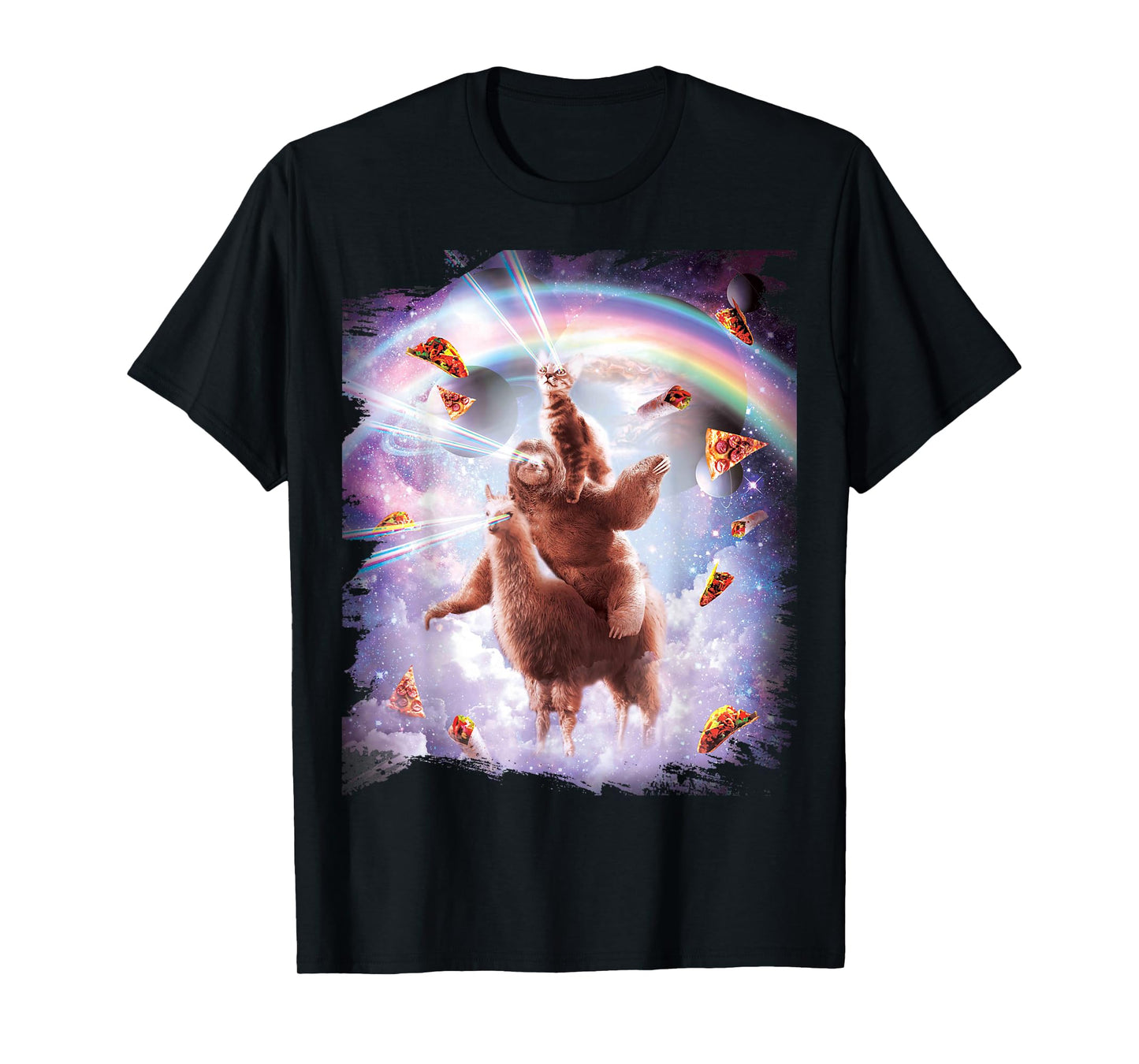 Laser Eyes Space Cat Riding Sloth Llama - Rainbow T-Shirt