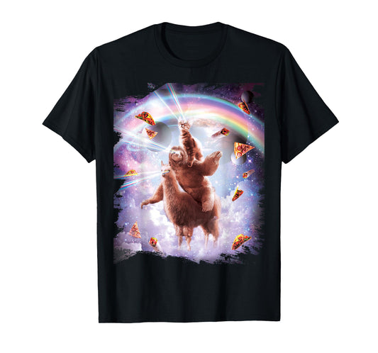 Laser Eyes Space Cat Riding Sloth Llama - Rainbow T-Shirt