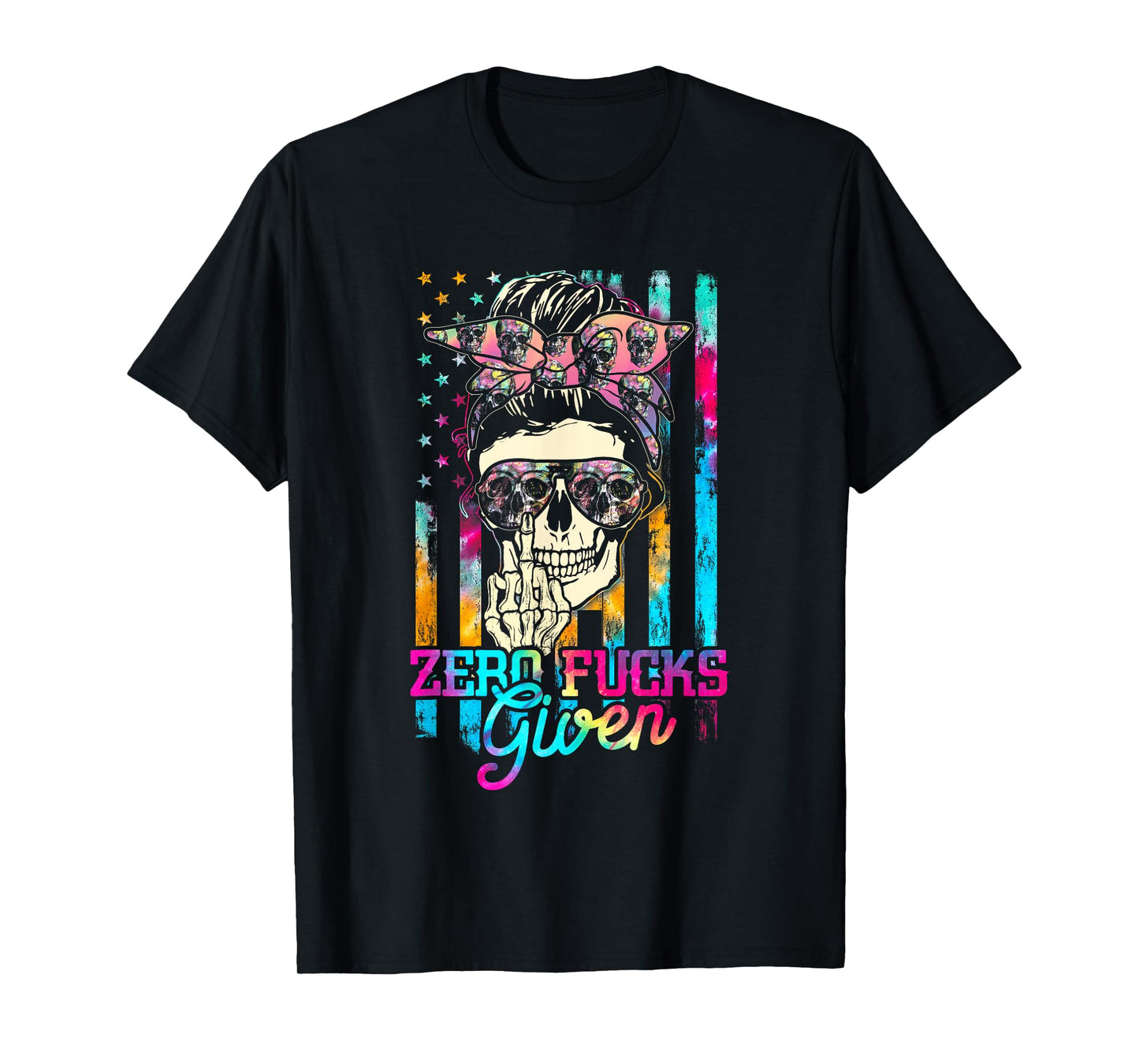 Skull Flag Skeleton Rainbow Messy Hair 0 Fucks Given T-Shirt