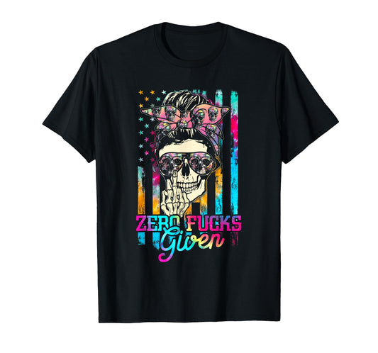 Skull Flag Skeleton Rainbow Messy Hair 0 Fucks Given T-Shirt