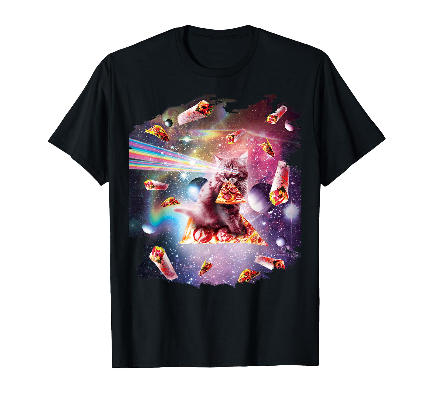 Outer Space Pizza Cat - Rainbow Laser, Taco, Burrito T-Shirt