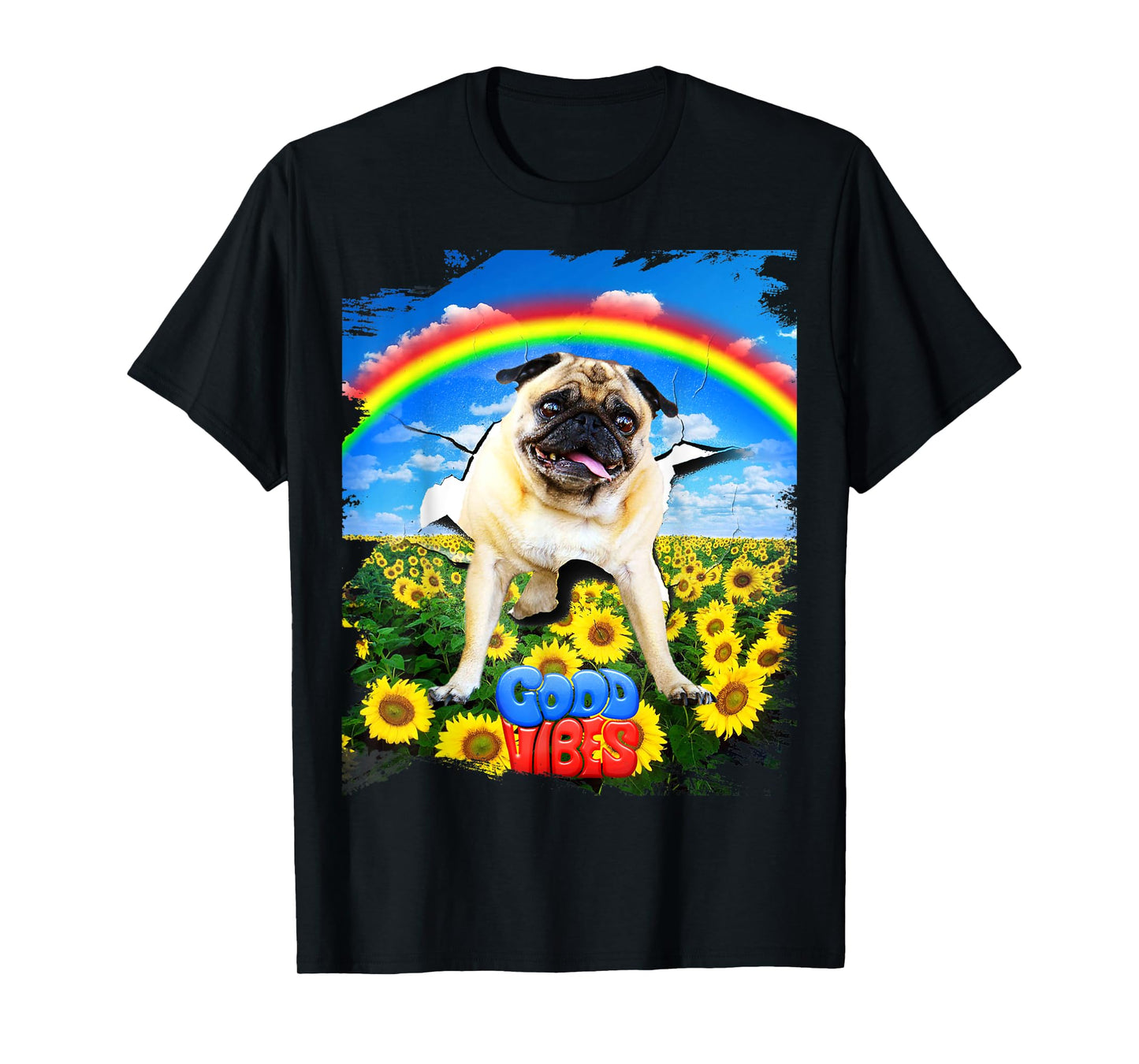 Pug Dog Cracked Wall Good Positive Vibes Rainbow Funny Men Women Kids T-Shirt