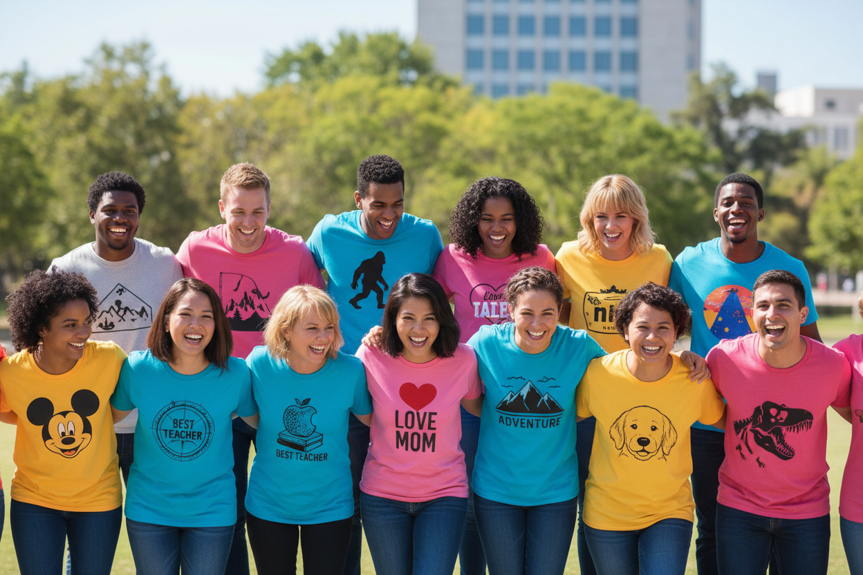 Tạo ảnh banner kích thước 1200x400px cho store chuyên bán áo thun print on demand thị trường usa, banner là ảnh 1 nhóm lớn khoảng 15 người vui vẻ giới thiệu các mẫu áo đa dạng thuộc nhiều chủ đề khác nhau (disney, big foot, adventure, fishing, teacher, love mom, love dog, dinosaur,…) Bỏ tất chữ liên quan đến thương hiệu và chữ Shop Now
Lưu ý: Design trên áo chỉ hiển thị ở trước áo, không hiển thị ở cánh tay hay vị trí khác
